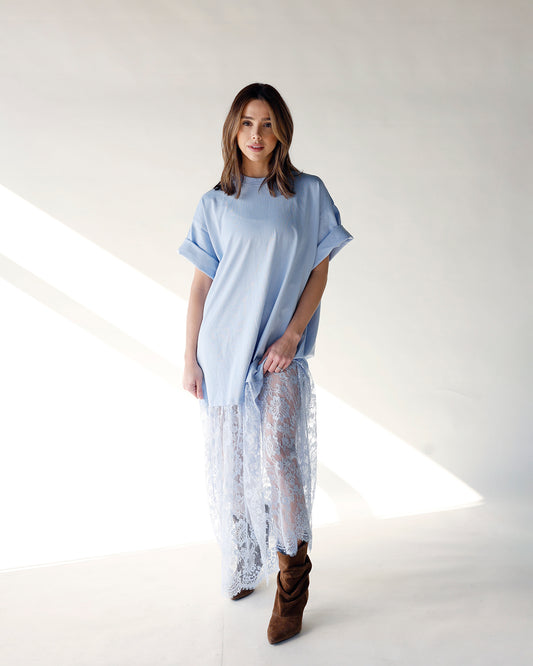 light blue tshirt maxi dress sheer lace bottom maxi dress pastel blue maxi dress