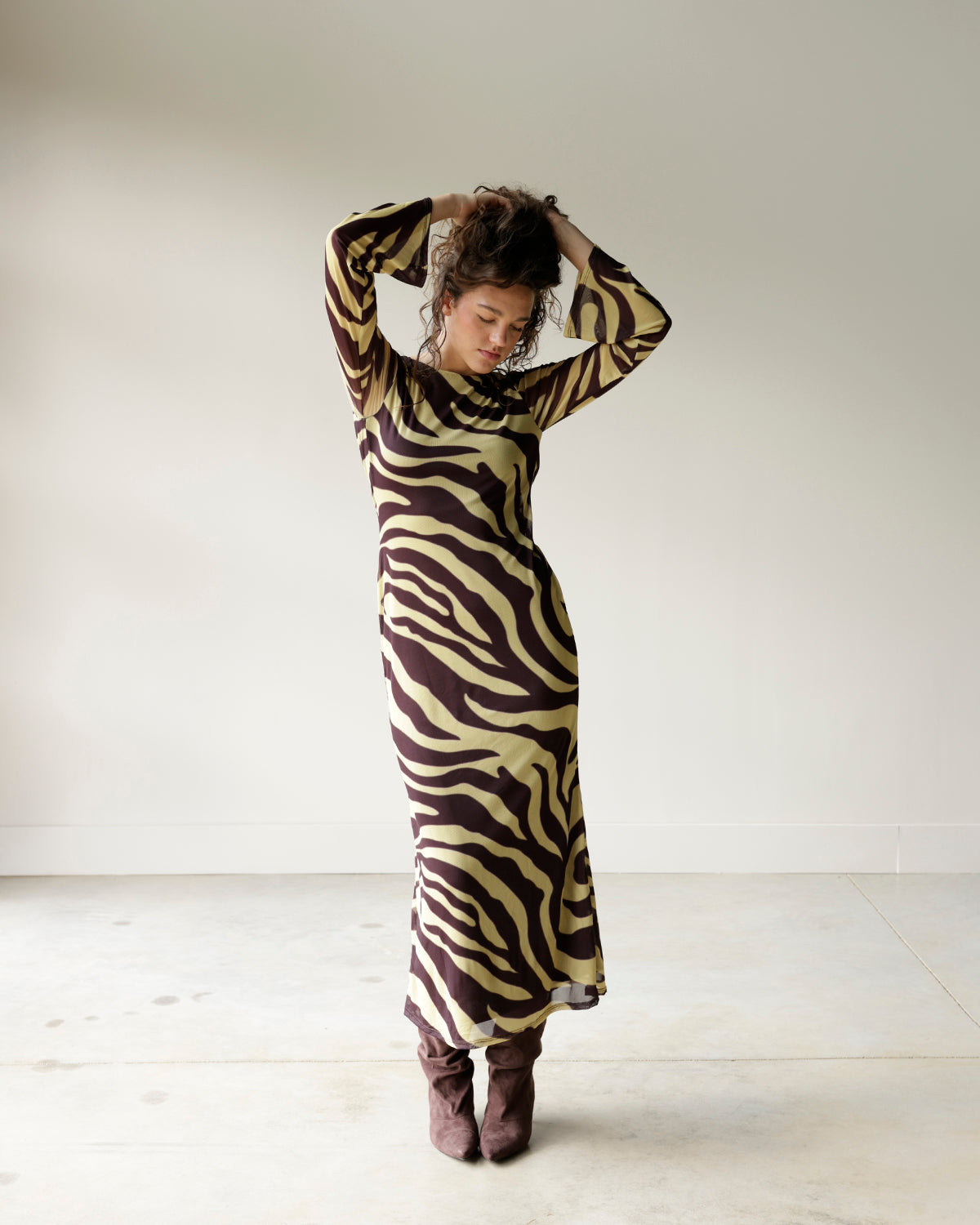 GLAM RETRO YELLOW + BROWN ZEBRA PRINT MAXI DRESS