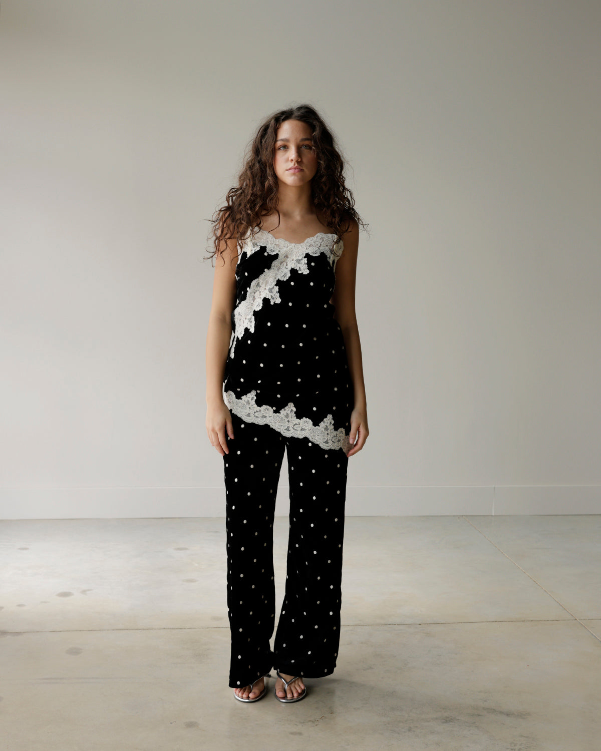 ISLA BLACK + WHITE POLKA DOT VELVET DRESS PANTS
