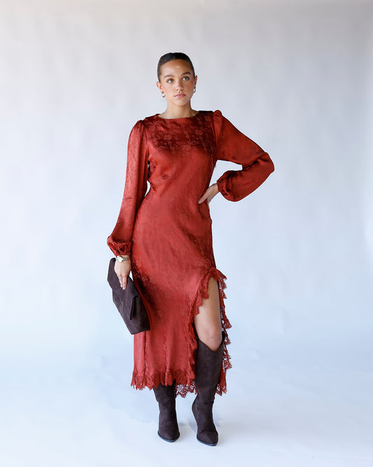 rust fall lace wedding guest midi dress