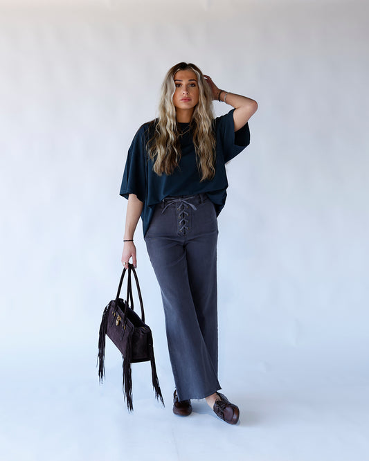 washed black lace up denim jean