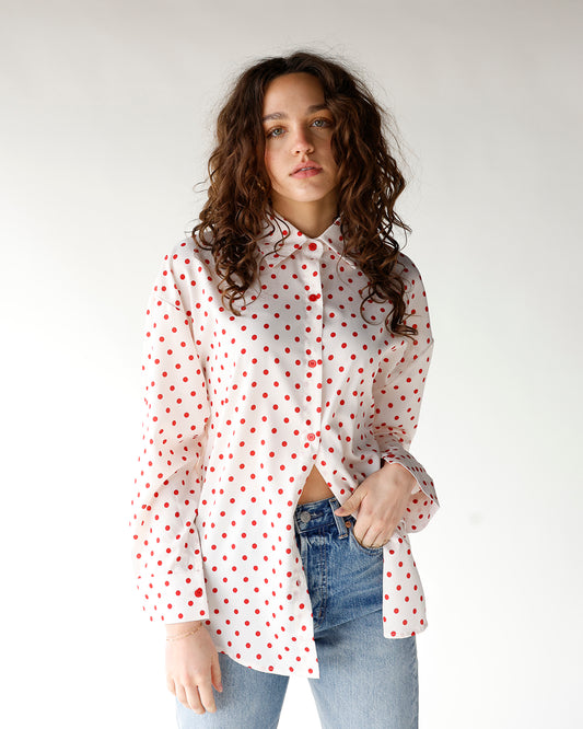 white long sleeve button up with red polka dots women's polka dot print long sleeve button up