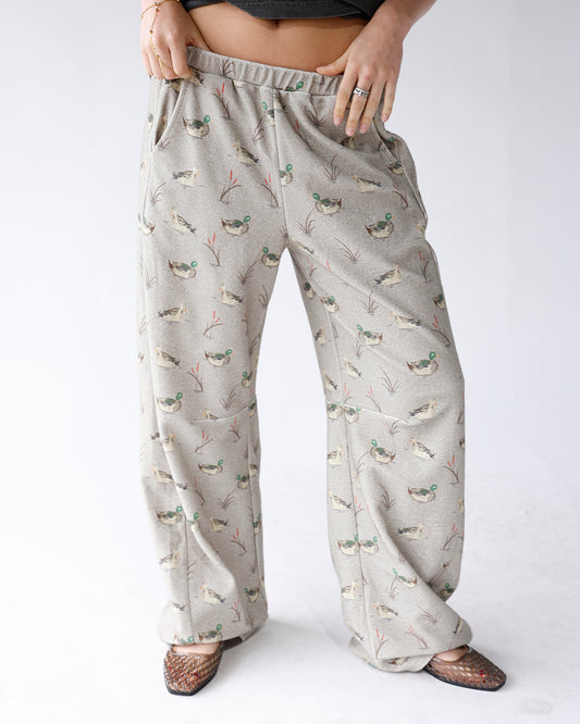 duck printed grey barrel leg casual pants