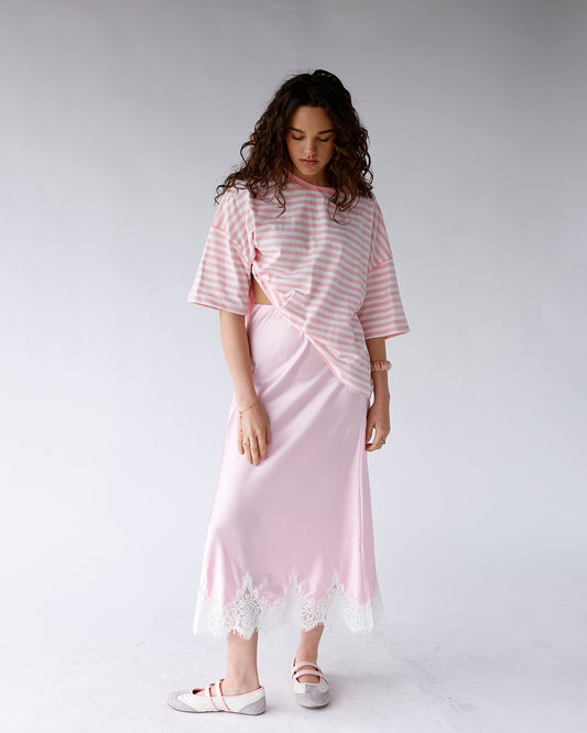 pink and white striped short sleeve tee