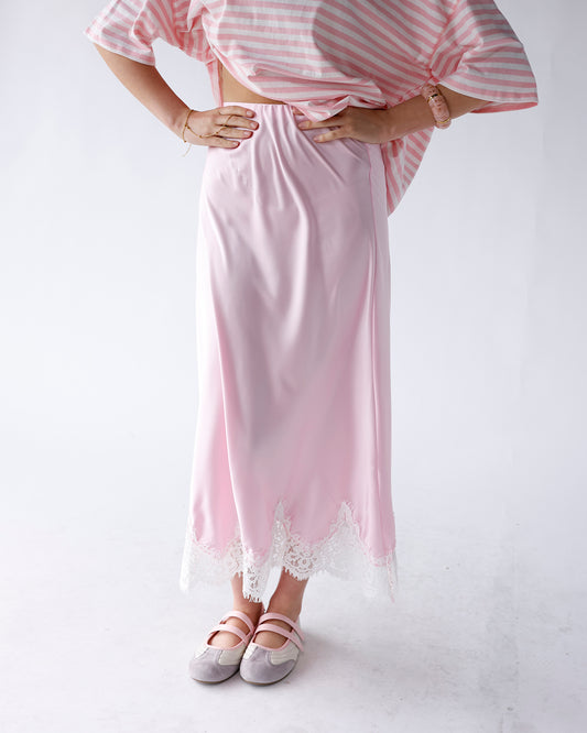 light pink midi skirt with white lace trim detail light pink elastic waist midi skirt