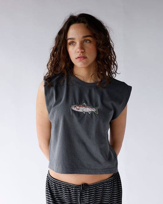 dark grey sleeveless muscle tee with embroidered trout fish women's muscle tee