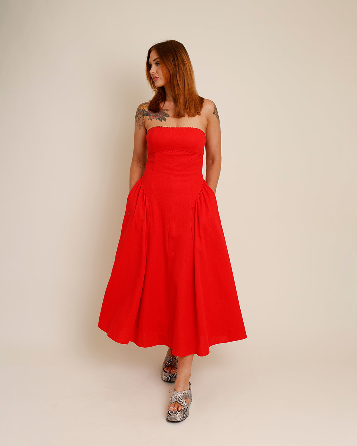 strapless red drop waste midi dress