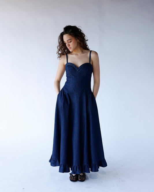 dark denim blue midi dress free people another season midi dress a-line silhouette dark blue denim mini dress with ruffle trim and sweetheart neckline