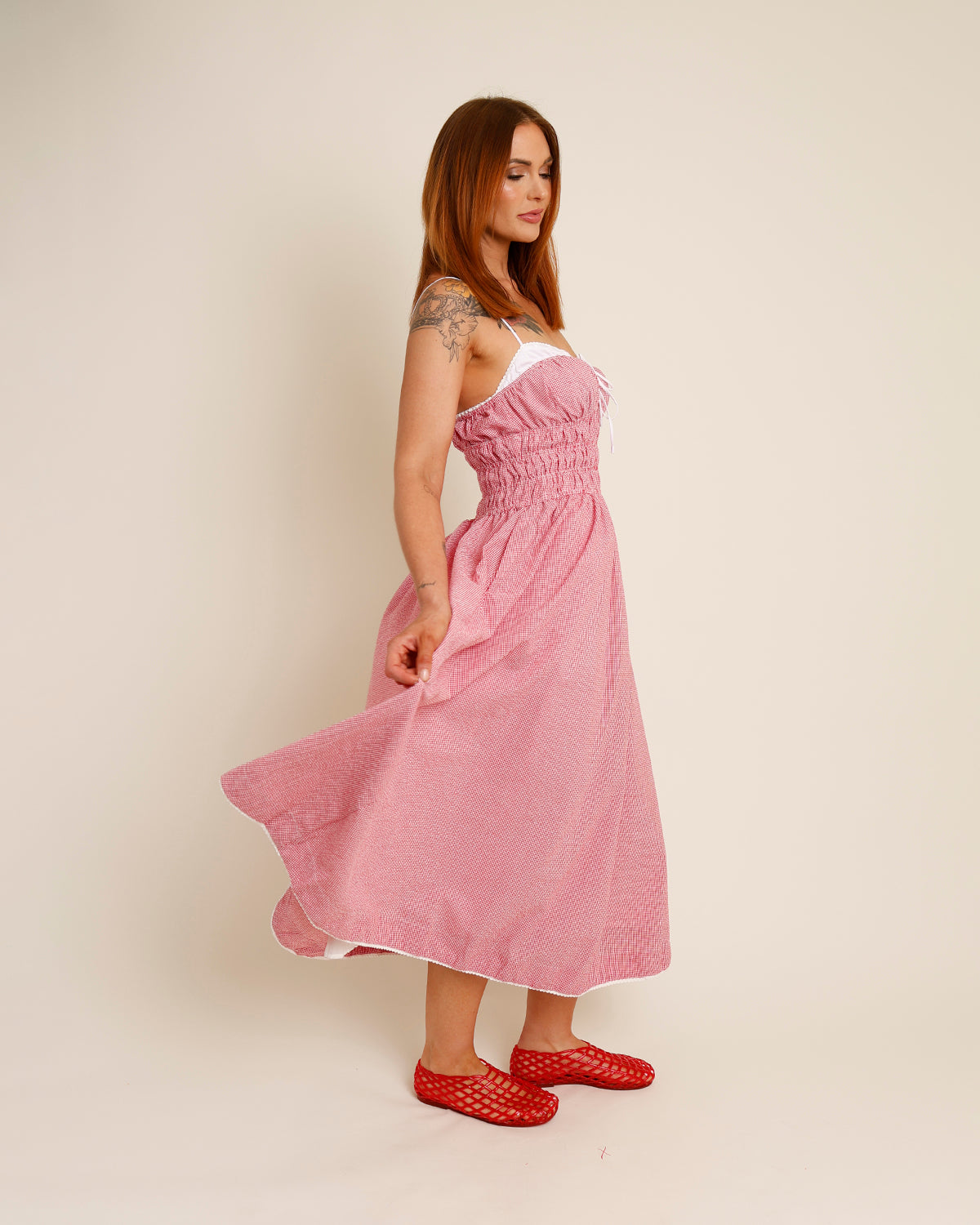 NIA THOMAS RED GINGHAM MIDI DRESS