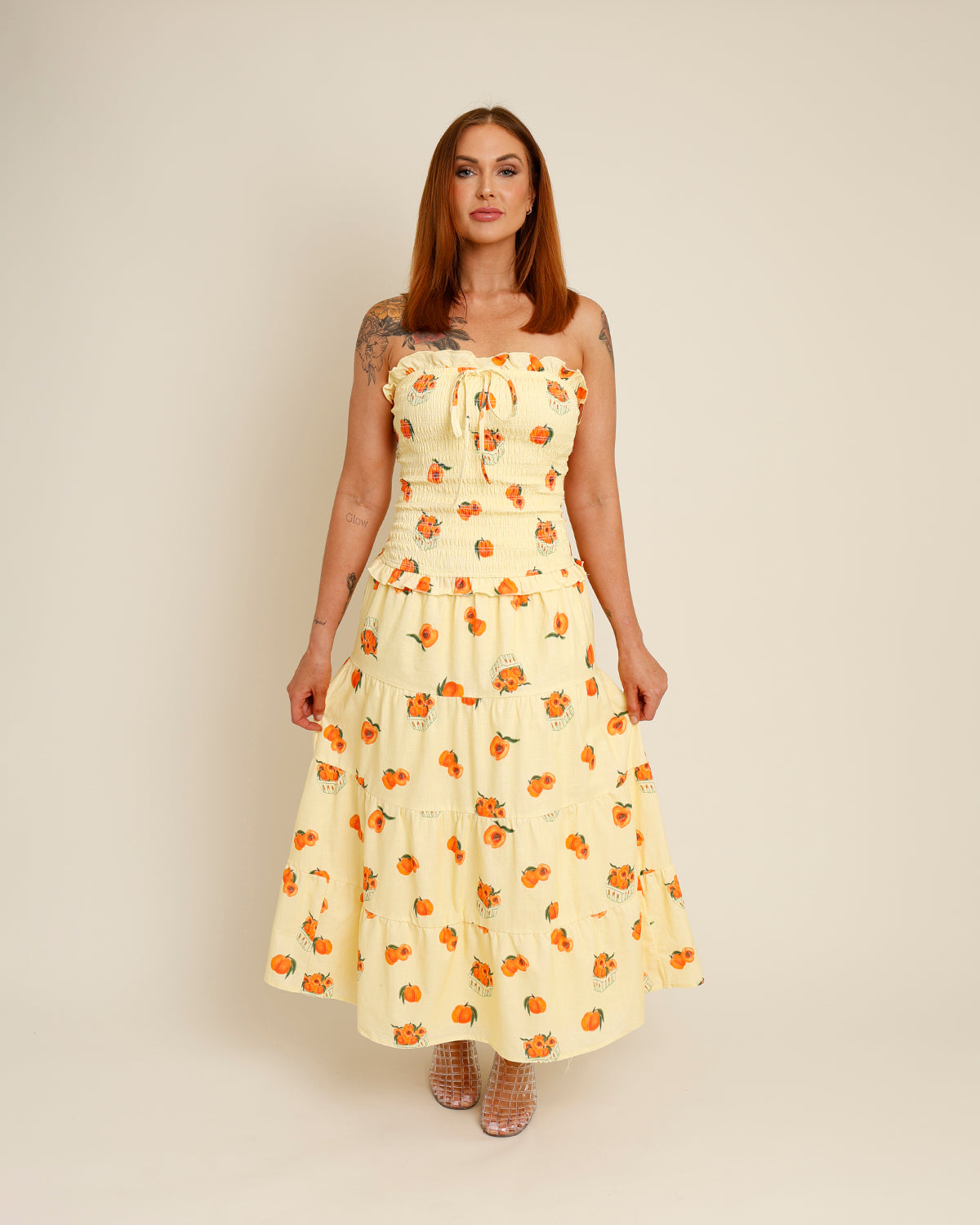 Butter yellow peaches print midi dress