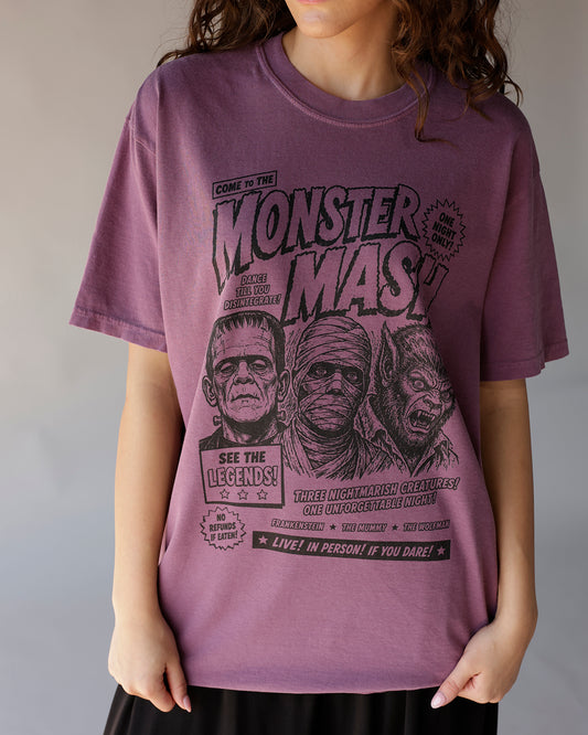 Salty Babe Threads Monster Mash purple graphic tee with Frankenstein, Mummy, Wolfman print
