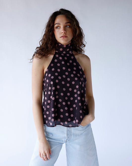 brown pink polka dot print halter neck top