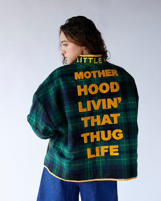 green and blue plaid oversized jacket embroidered "mother hood livin' that thug life" green plaid jacket