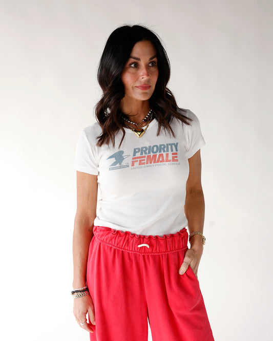 priority female white graphic short sleeve tee