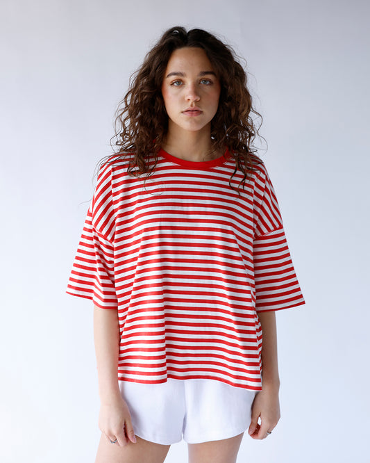 red and white striped short sleeve tee with dropped shoulders