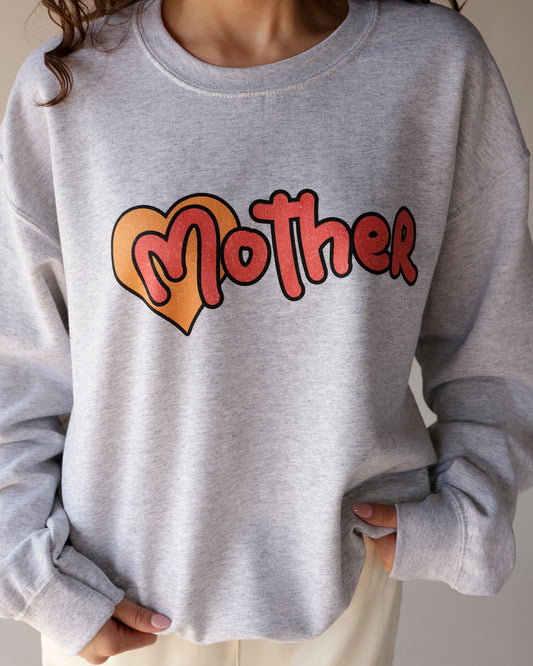 Gray crewneck sweatshirt with retro heart and 'mother' graphic print