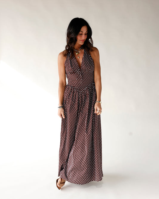brown polka dot halter maxi dress polka dot print maxi dress