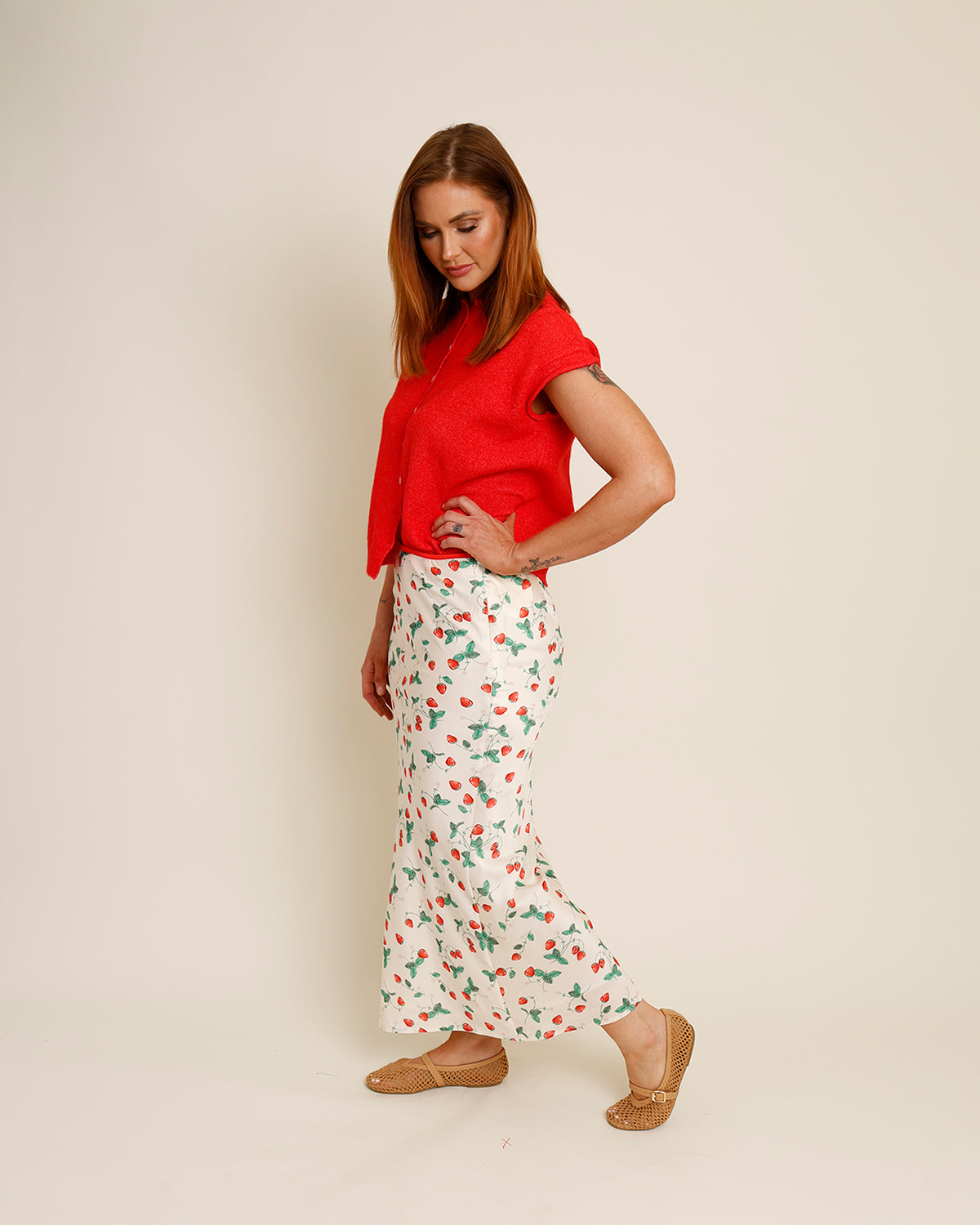 cream strawberry print midi skirt