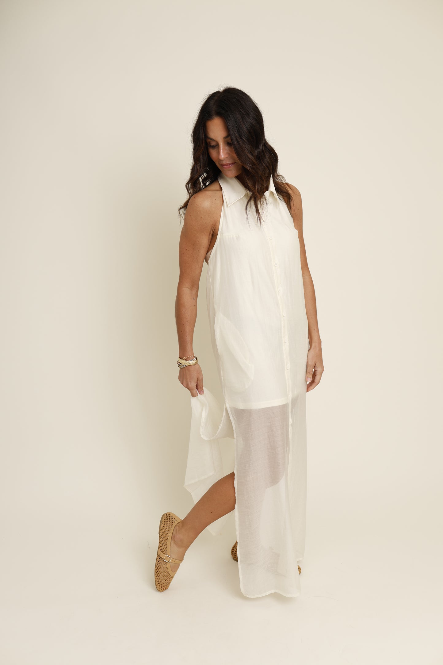Cream button up collared midi dress