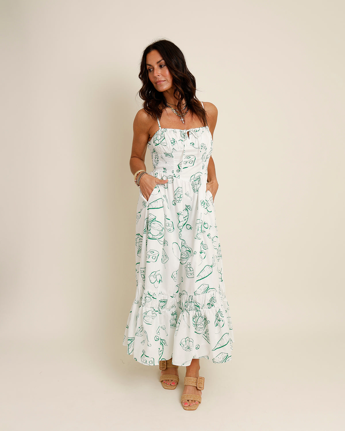 green and white printed midi dress