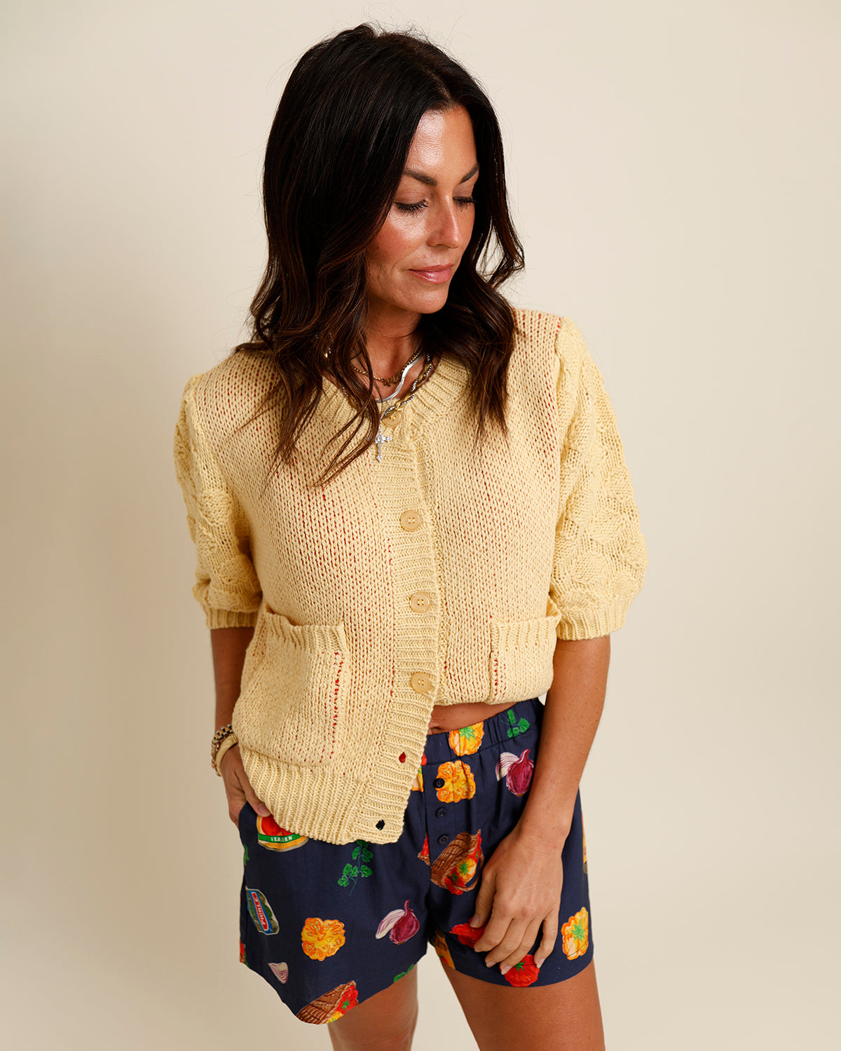 Shortsleeve yellow button up sweater cardigan