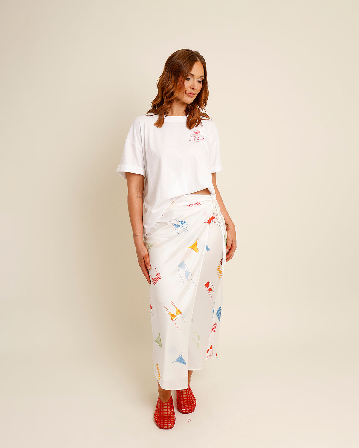 white bikini print midi wrap skirt