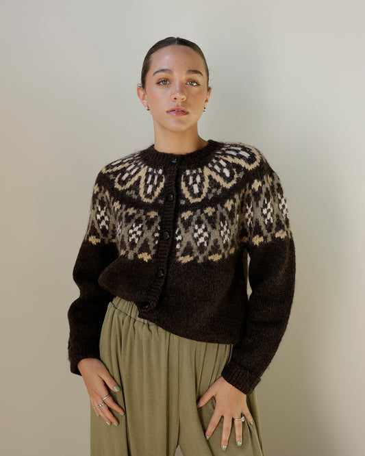 chocolate brown fair isle sweater cardigan featuring a cream, tan and olive patterned yoke, fuzzy knit texture, round neckline and dark front buttons.