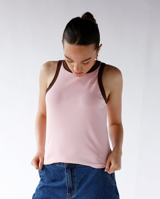 pink tank top with brown contrast trim