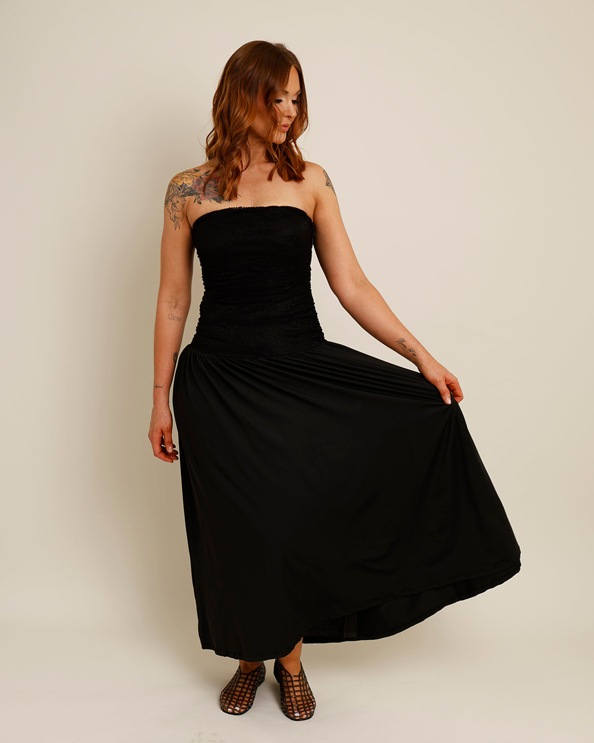 NIA SANTAL DROP WAIST MIDI DRESS X BLACK