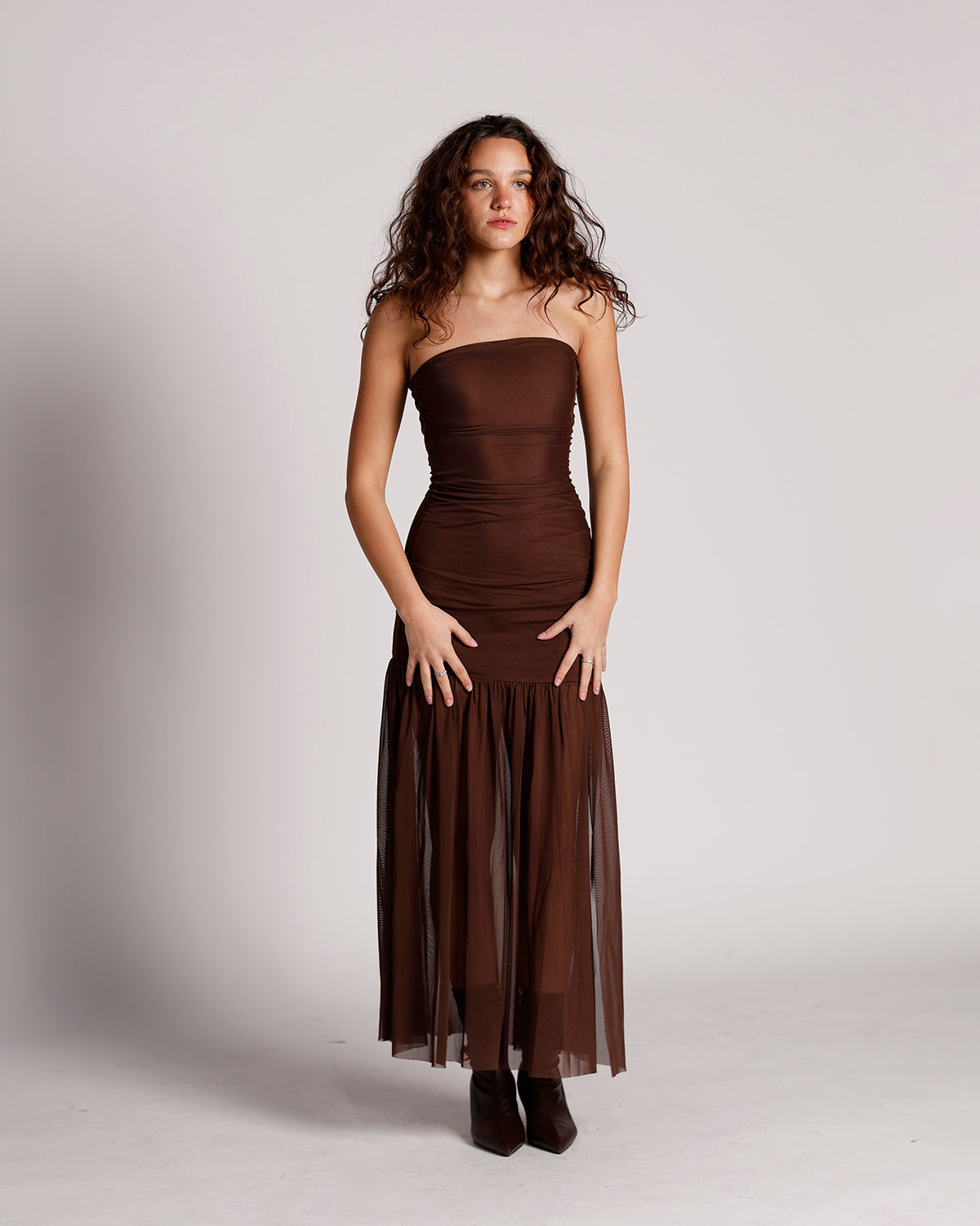 NIA NOLA SHIRRED STRAPLESS MESH MAXI DRESS