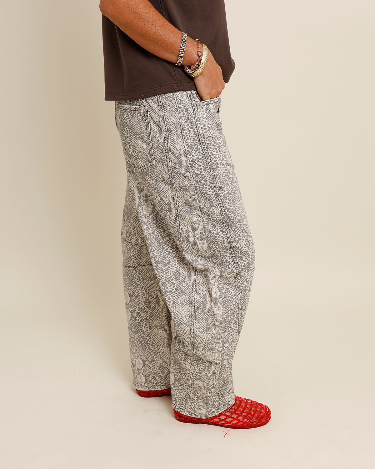 FREE PEOPLE GOOD LUCK SNAKE PRINT BARREL JEANS