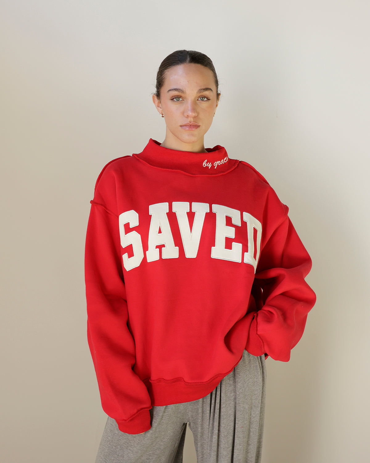 SAVED BY GRACE MOCK NECK SWEATSHIRT X RED