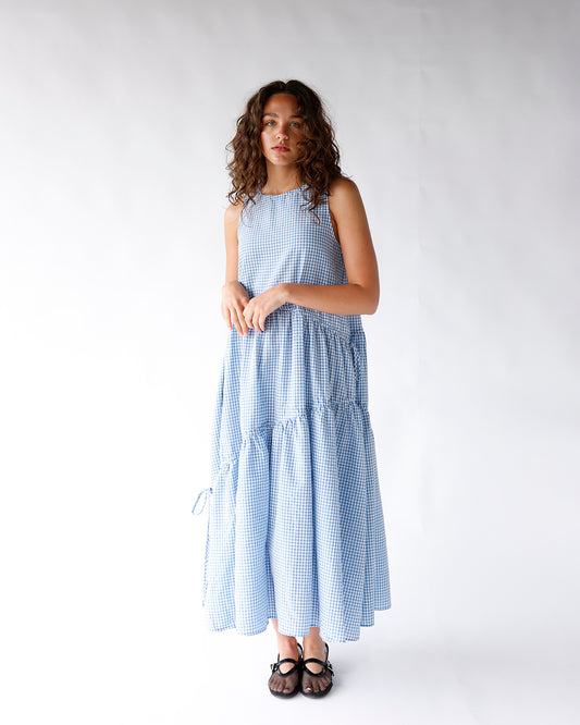 blue gingham print sleeveless tiered asymmetrical skirt maxi dress