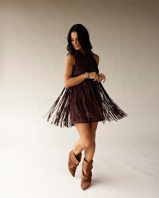 ALL THE RAGE CHOCOLATE FRINGE MINI DRESS