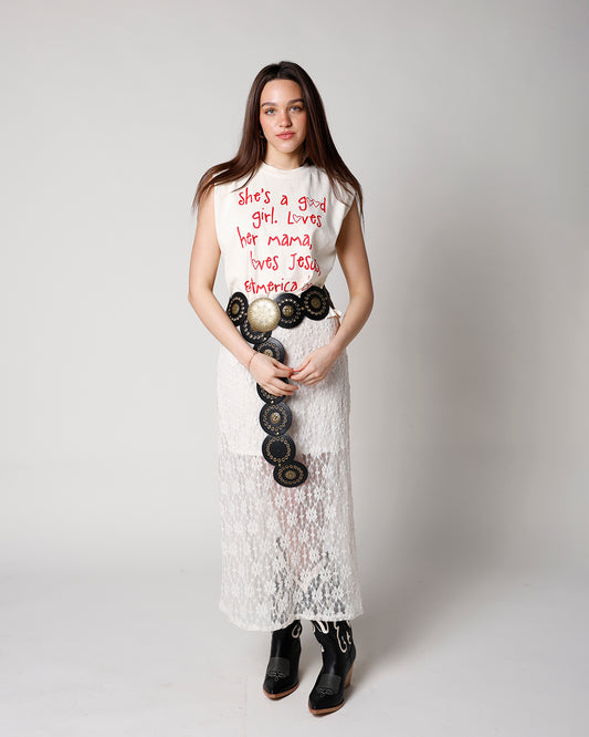 cream and red graphic muscle tee women