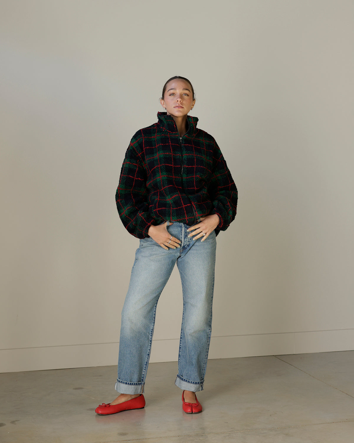 MAD FOR CHRISTMAS PLAID FLEECE ZIP UP JACKET X HUNTER GREEN
