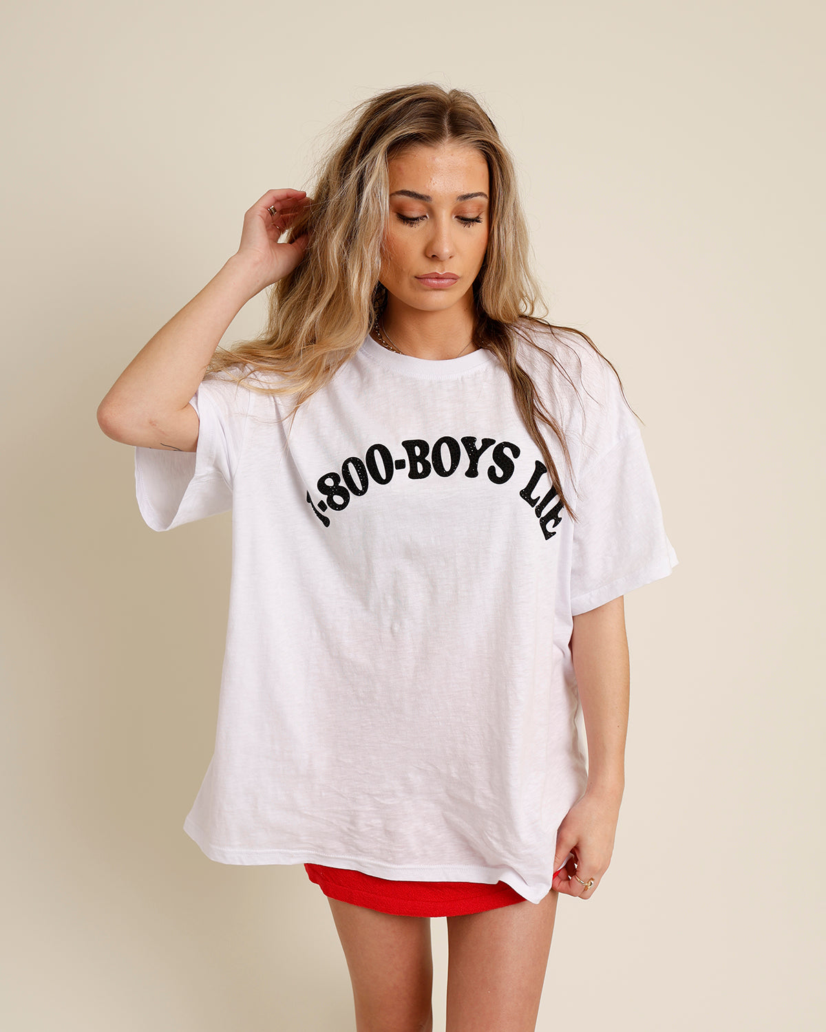 white "1-800-boys-lie" boyfriend tee