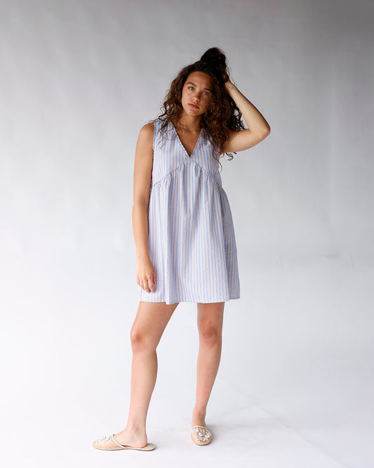 light purple and blue striped sleeveless v-neck mini dress