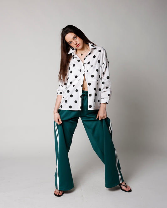 black and white polka dot long sleeve button up blouse