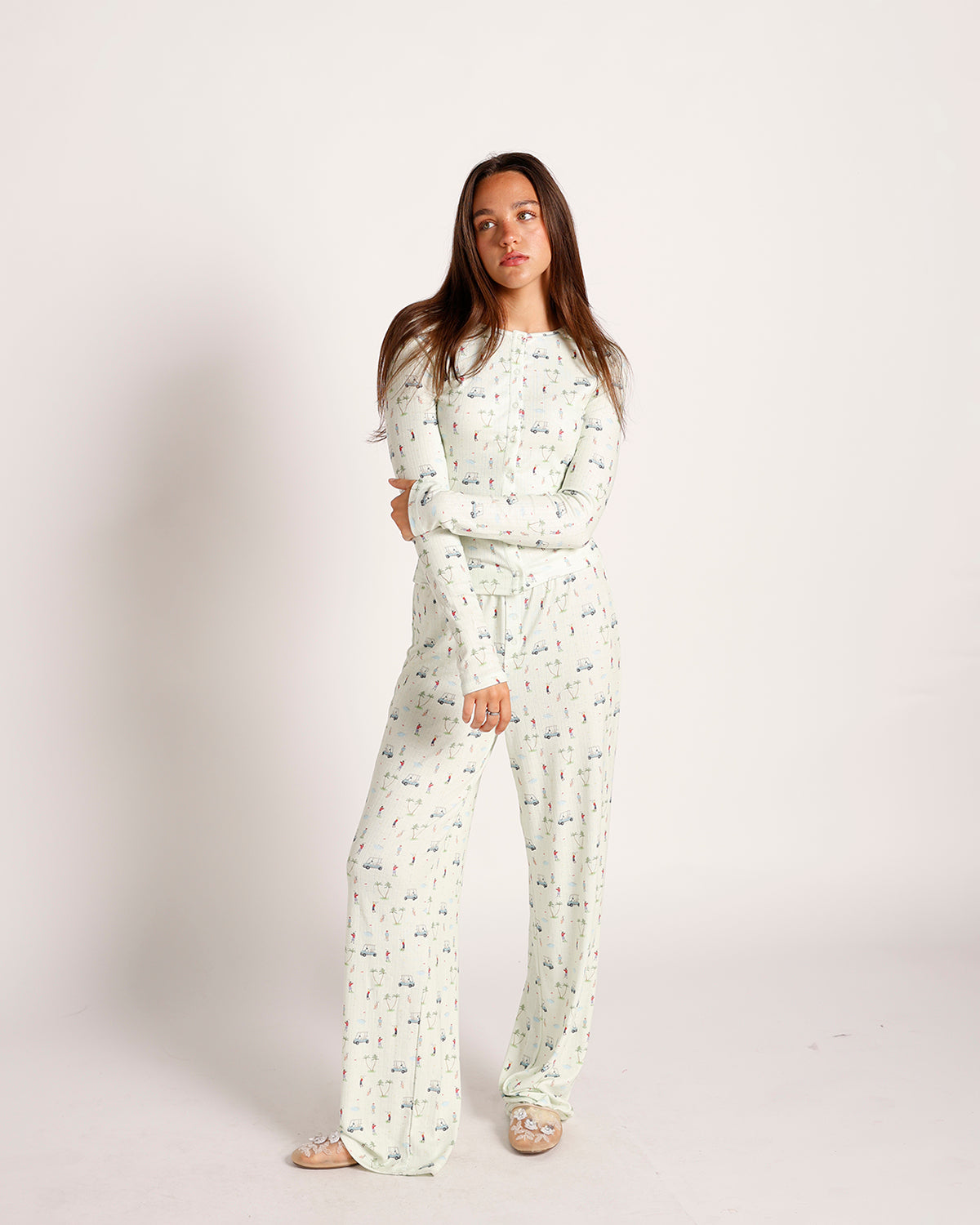 Light green printed pajama set with long sleeve top and wide-leg pants