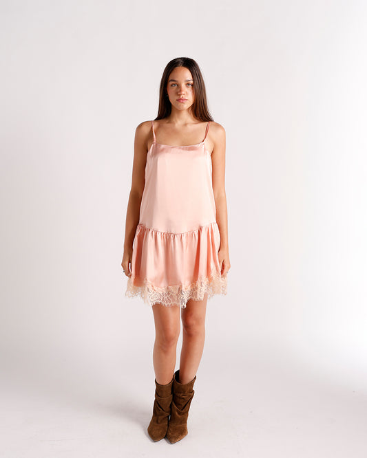 light pink camisole mini dress with lace hem detailing