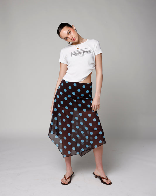 sheer asymmetrical brown with blue polka dot midi skirt