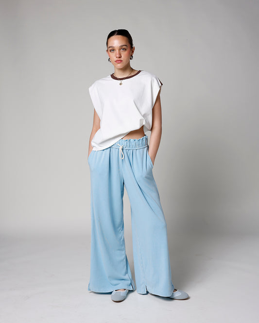 light blue fold over waistband wide leg sweatpants women's sweatpants