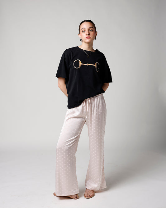 pale pink polka dot print elastic waist silky lounge pants