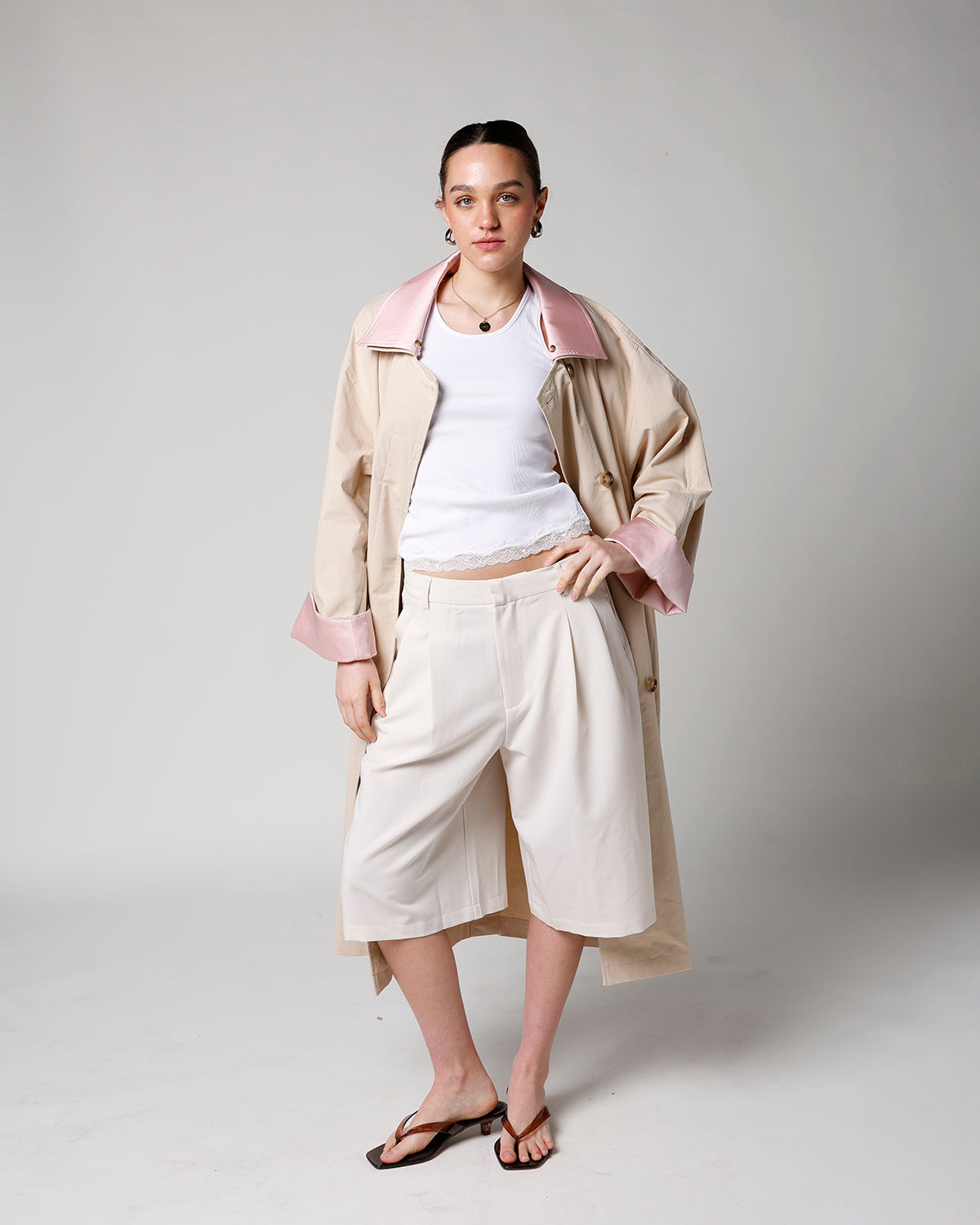 cream long length women's trouser shorts