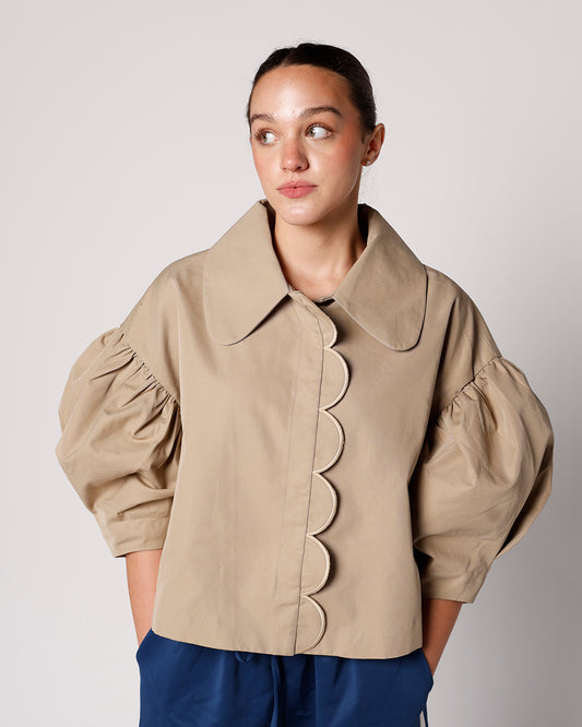 beige puff sleeve collared jacket scalloped trim puff sleeve brown jacket