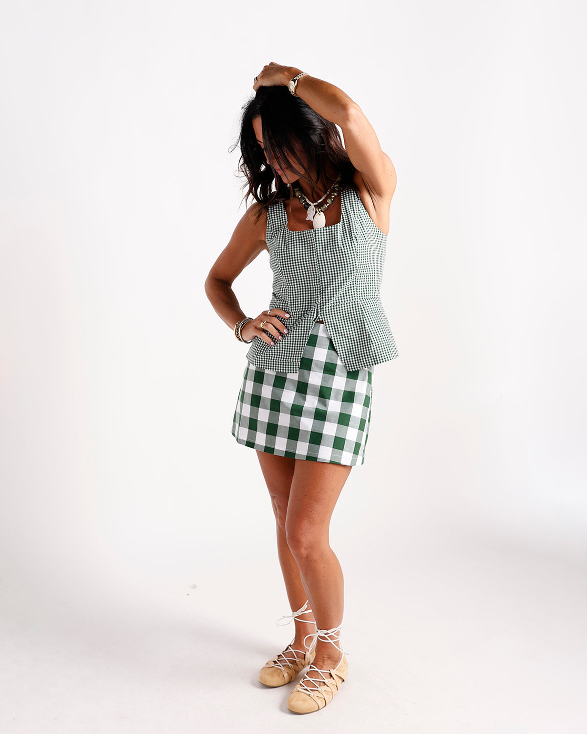 Green and white large gingham check mini skirt with clean straight hem