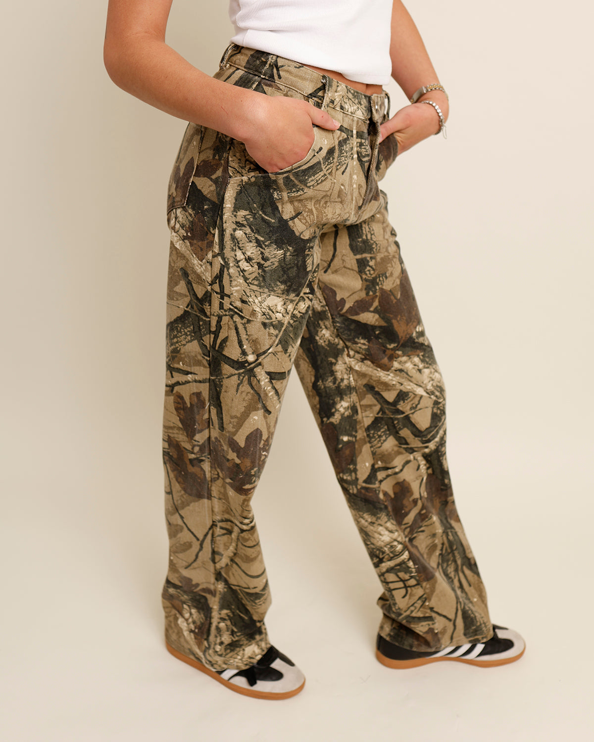 camo print wide leg jeans