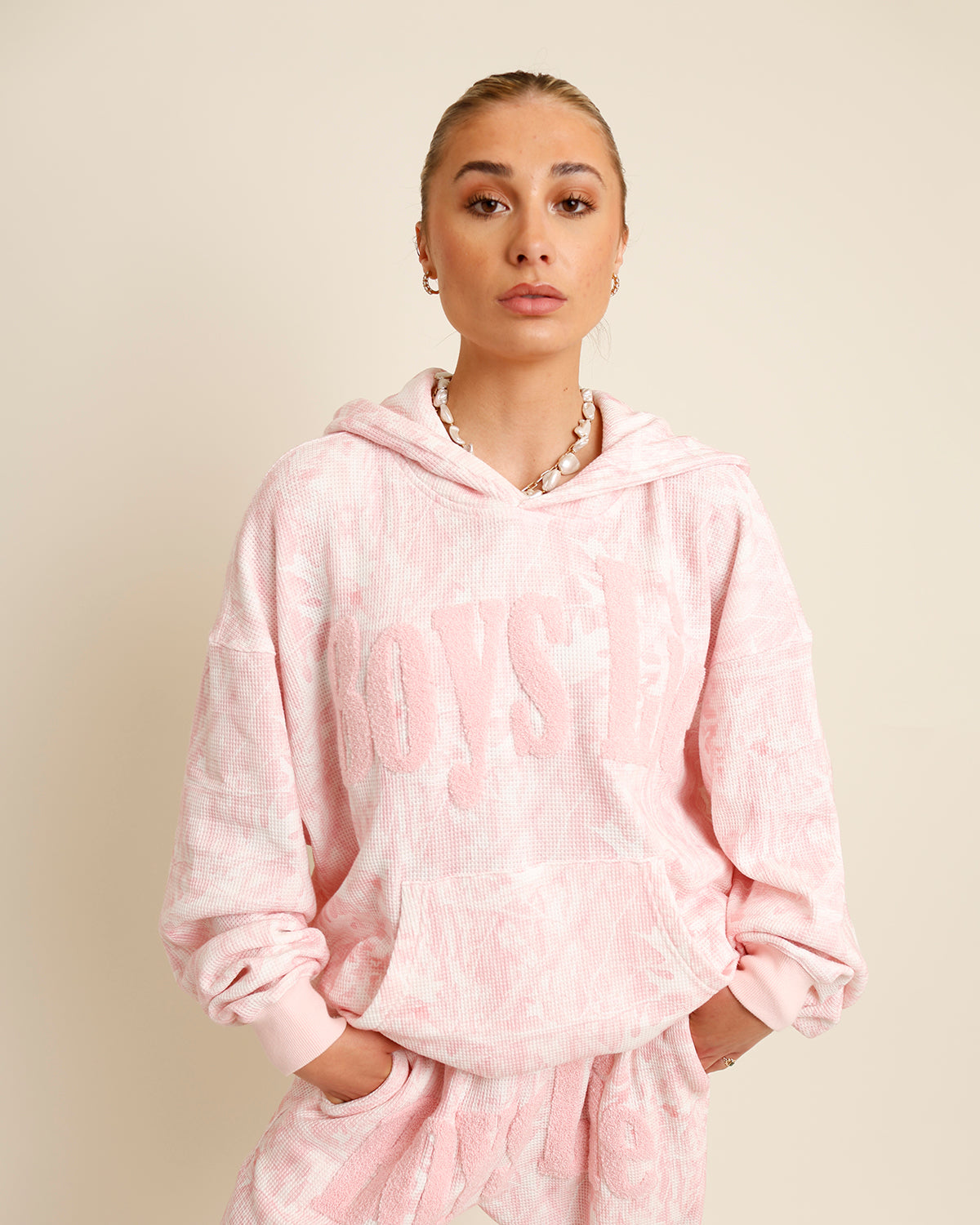 Pink camo "boys lie" waffle hoodie