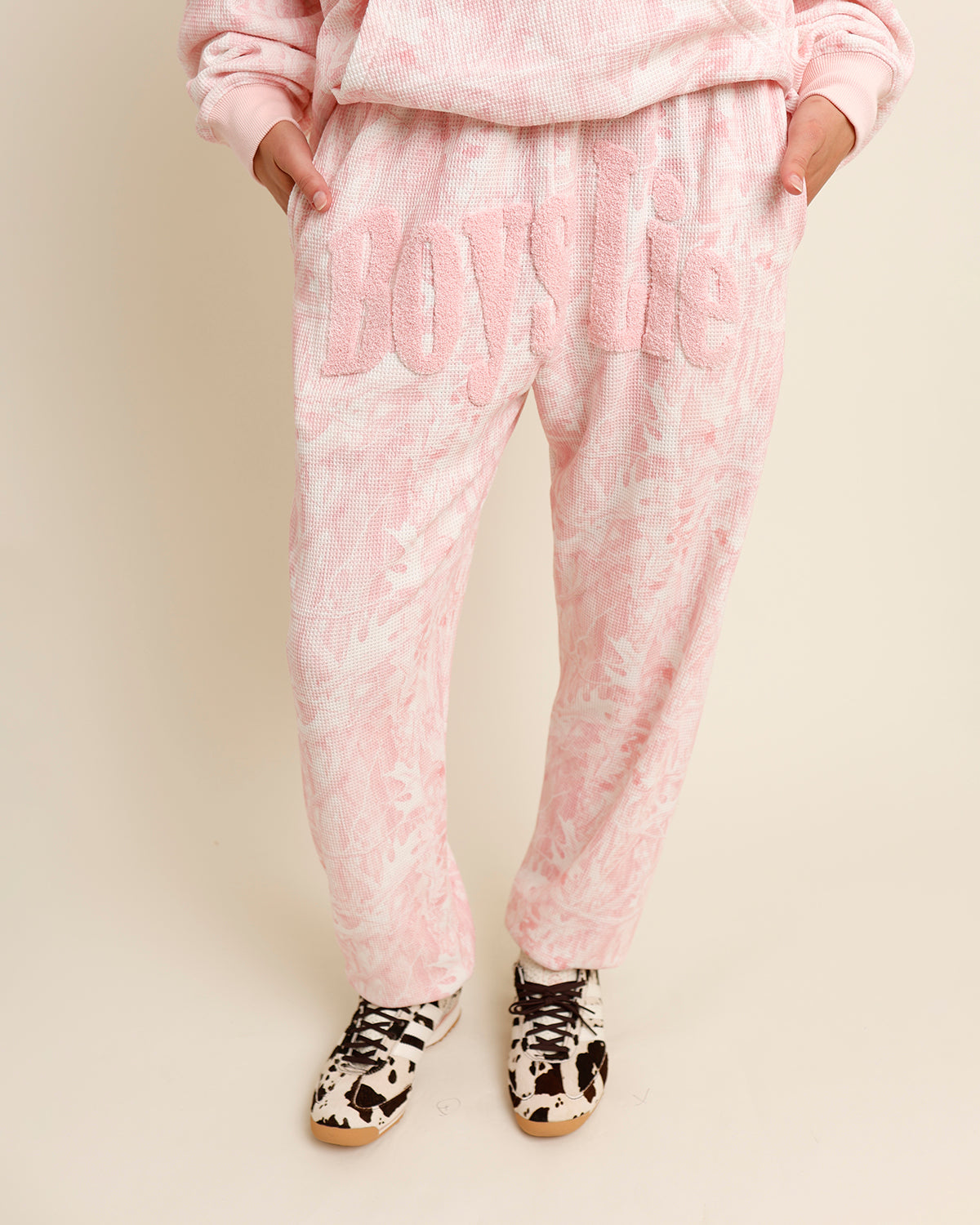 Pink camo "boys lie" waffle sweatpants